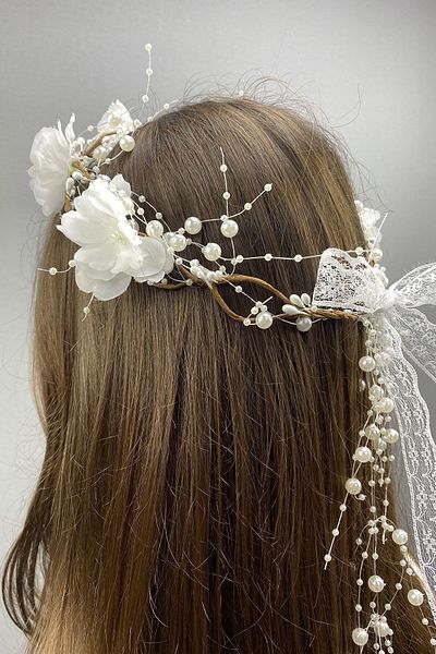 Hobigram Coroană de mireasă cu design special și accesoriu de păr cu flori și perle pentru cele mai frumoase mirese – Coroană, piatră de cristal – T