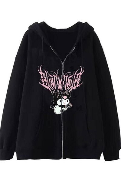 Planet Butik Kuromi Pink Printed Oversize Zippered Black Unisex Hooded Cardigan