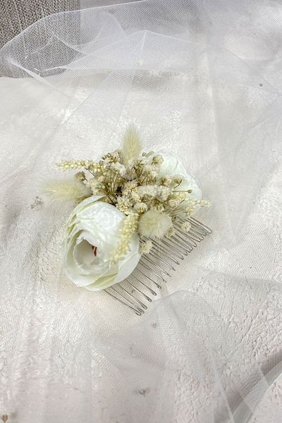 Hobigram Accesoriu pentru cleme de păr cu cipso și flori artificiale din bumbac crem pentru cele mai frumoase mirese – coroană – tiara