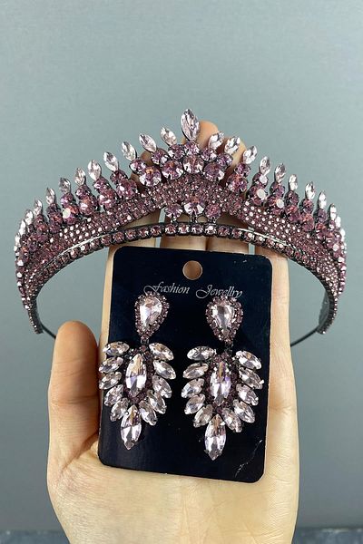 Hobigram Set de coroană și cercei cu henna de mireasă Anteras roz pentru cele mai frumoase mirese – Coroană, piatră de cristal – Coroană –