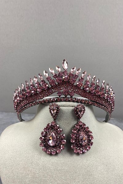 Hobigram Set de coroană și cercei de mireasă cu henna roz Anteras pentru cele mai frumoase mirese – Coroană, piatră de cristal, model elegant – Coroană