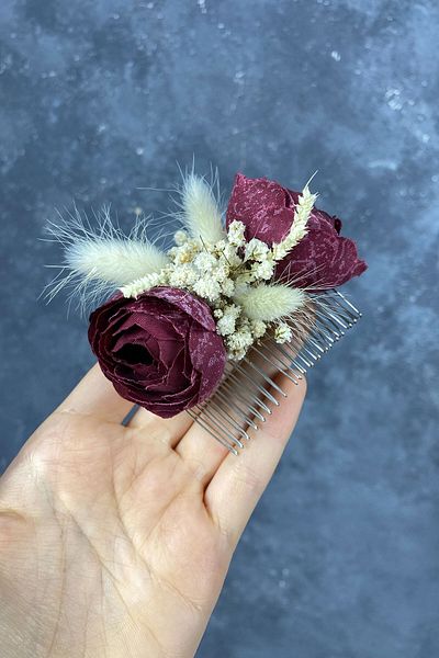 Hobigram Accesoriu pentru cleme de păr cu cipso și flori artificiale din bumbac bordeaux pentru cele mai frumoase mirese – coroană – tiara