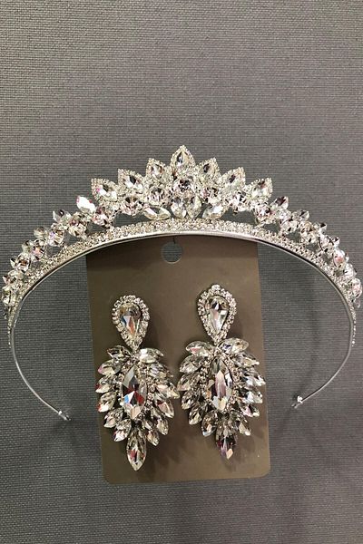 Hobigram Set de coroană și cercei de mireasă din argint sterling cu piatră de sticlă de cristal de culoare argintie pentru cele mai frumoase mirese – Coroană – Tiara