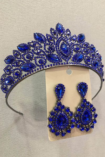 Hobigram Set de coroană și cercei de mireasă de culoare argintie cu piatră de sticlă de cristal bleumarin pentru cele mai frumoase mirese – Coroană – Tiara