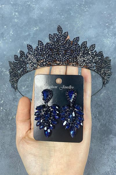 Hobigram Set de coroană și cercei cu coroană și navetă pentru cea mai frumoasă mireasă, bleumarin, Sara, cu pietre prețioase, Henna – coroană, cu pietre de cristal