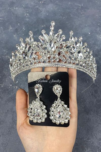 Hobigram Coroană de mireasă Pera din argint și cercei de seară cu picătură pentru cele mai frumoase mirese – Coroană, piatră de cristal, model elegant – Coroană
