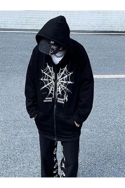 Planet Butik Spider Heart Printed Oversize Zippered Black Unisex Hooded Cardigan
