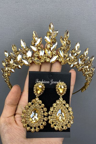 Hobigram Honey Color Subra Bridal Henna Tiara and Earrings for the Most Beautiful Brides – Crown, Crystal Stone, Stylish Model – Crown
