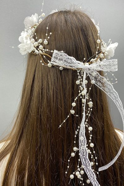 Hobigram Coroană de mireasă cu design special și accesoriu de păr cu flori și perle pentru cele mai frumoase mirese – Coroană, piatră de cristal – T