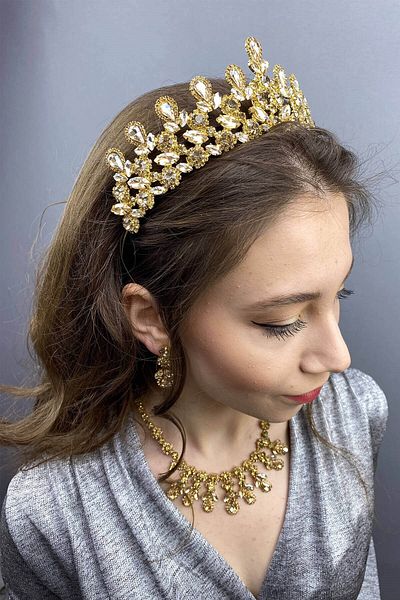 Hobigram Set de cercei colier cu coroană de henna pentru mireasa de culoarea mierei pentru cele mai frumoase mirese – coroană, piatră de cristal, model elegant