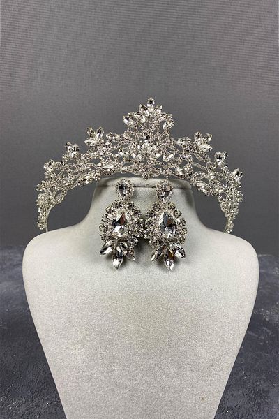 Hobigram Melis Silver Bridal Henna Crown și Cercei Set cu Pietre pentru Cele mai Frumoase Mirese – Coroană, Crystal Stone – Coroană