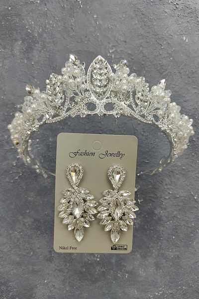 Hobigram Jabbah Model Tiara de Mireasa si Cercei cu Pietre Precioase cu Perle pentru Cele mai Frumoase Mirese – Coroana, Pietre de Cristal – Coroana –