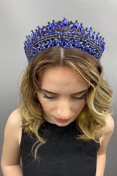 Hobigram Coroana de mireasa Henna model Sultan albastru pentru cele mai frumoase mirese – Coroana, cu piatra de cristal, model elegant, coroana de mireasa –