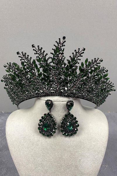 Hobigram Green Nairobi Beaded Bridal Henna Tiara and Earring Set for the Most Beautiful Brides – Crown, Crystal Stone
