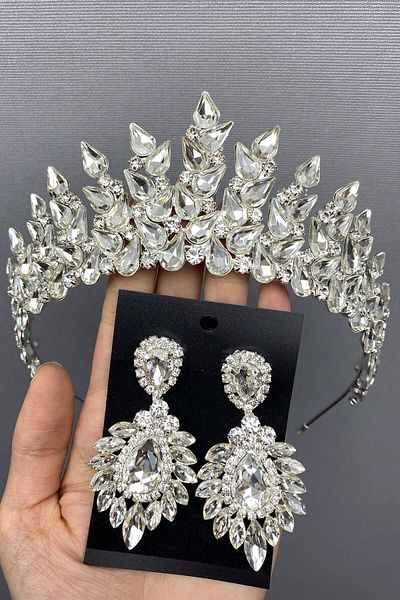 Hobigram Coroană și cercei de mireasă Subra de culoare argintie pentru cele mai frumoase mirese – Coroană, piatră de cristal, model elegant – Ta