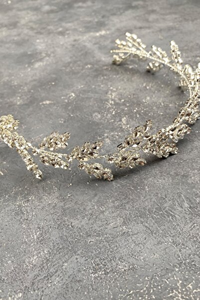 Hobigram En Güzel Gelinlere Gümüş Beril Yaprak Motifli Gelin Kına Tacı Saç Aksesuarı – Taç, Kristal Taşlı –