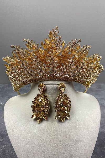 Hobigram Honey Color Nairobi Bead Embroidered Bridal Henna Tiara and Shuttle Earring Set for the Most Beautiful Brides – Crown – Crown