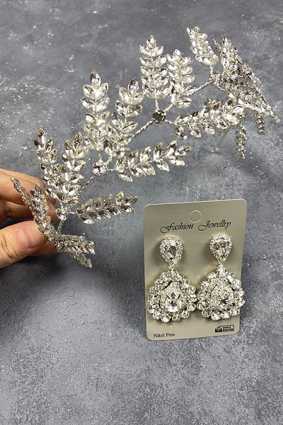 Hobigram Set de accesorii pentru păr de mireasă cu ramuri de frunze de dilana argintie și cercei pentru cele mai frumoase mirese – coroană – tiara