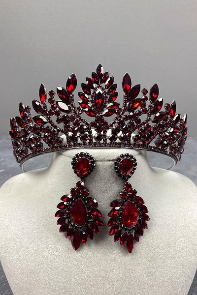 Hobigram Set de coroană și cercei de mireasă Henna Danver Stone Burgundy pentru cele mai frumoase mirese – Coroană, piatră de cristal, model elegant