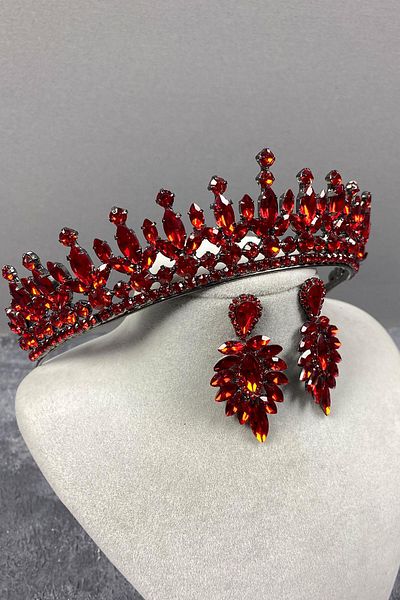 Hobigram Set coroană și cercei de mireasă Henna cu piatră Pedro roșie pentru cele mai frumoase mirese – coroană, piatră de cristal, modă elegantă