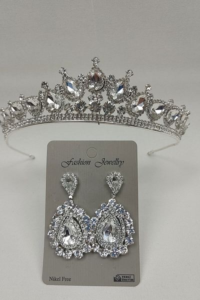 Hobigram Modelul Ade Tiara de mireasa si cercei cu incrustat pentru cei mai frumoși mireși – Coroană, piatră de cristal, model elegant – Coroană –