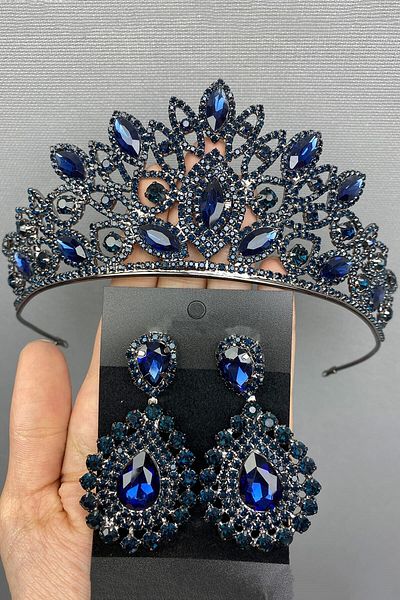 Hobigram Coroană și cercei de mireasă Henna bleumarin pentru cele mai frumoase mirese – Coroană, piatră de cristal, model elegant, coroană de mireasă –