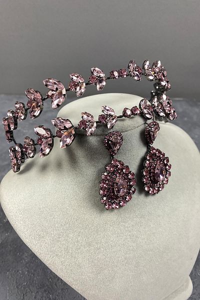 Hobigram Set de coroană și cercei de mireasă cu două rânduri roz Alpha pentru cele mai frumoase mirese – coroană, piatră de cristal, modă elegantă