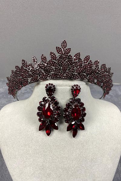 Hobigram Coroană și cercei de mireasă Henna cu pietre prețioase de tip Burgundy Sara pentru cele mai frumoase mirese – Coroană, piatră de cristal, model elegant –