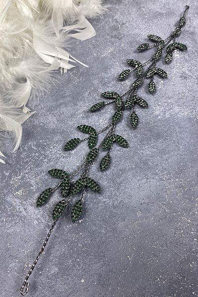 Hobigram Yena Design Bridal Tiara Hair Accessory with Green Leaf Branches for the Most Beautiful Brides – Crown, Crystal Stone –