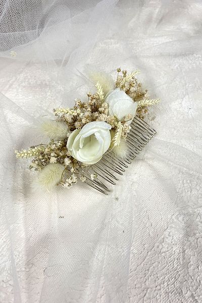 Hobigram Cremă din buruieni de bumbac Cipso și agrafă de păr festonată cu flori artificiale pentru cele mai frumoase mirese – coroană, piatră de cristal –
