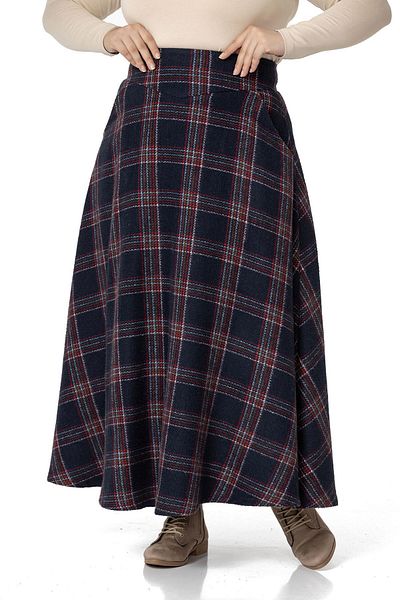 DISENTIS MODEST Large Size Waist Detailed Pocket Zippered Bell Plaid Navy Blue Long Skirt