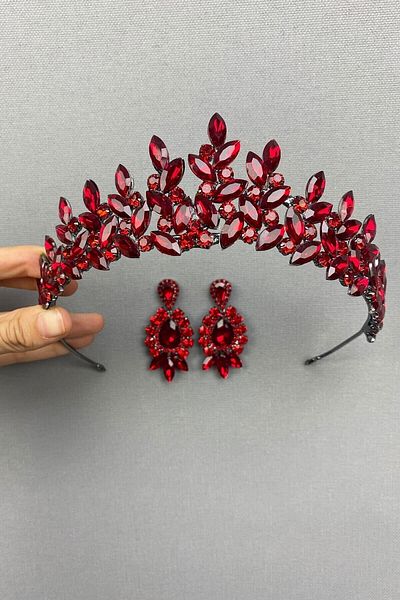Hobigram Bridal Accessory Red Subra Bridal Henna Crown and Earrings – Bridal Accessory, Stylish Design – Bridal Accessory