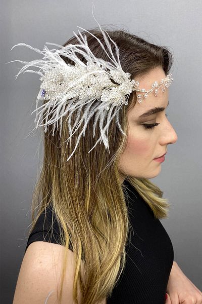 Hobigram Bridal Accessory Transparent Fliyz Feathered Crystal Bridal Hair and Turban Accessory – Bridal Accessory – Geli