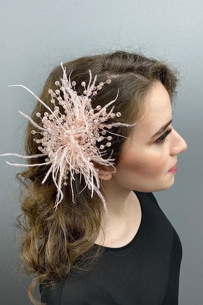 Hobigram Bridal Accessory Salmon Crystal Beaded and Feathered Hair Accessory – Bridal Accessory, Stylish Design – Geli