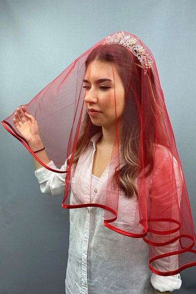 Hobigram Bridal Accessory Red Piping Bridal Veil Face Cover – Bridal Accessory, Stylish Design – Bridal Access