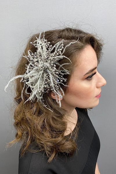 Hobigram Bridal Accessory Anthracite Gray Crystal Beaded and Feathered Hair Accessory – Bridal Accessory, Stylish Design