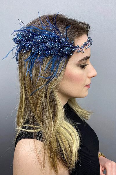 Hobigram Bridal Accessory Indigo Blue Fliyz Feathered Crystal Bridal Hair and Turban Accessory – Bridal Accessory –