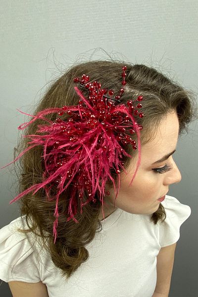 Hobigram Bridal Accessory Burgundy Crystal Beaded and Feathered Hair Accessory – Bridal Accessory, Stylish Design – Geli
