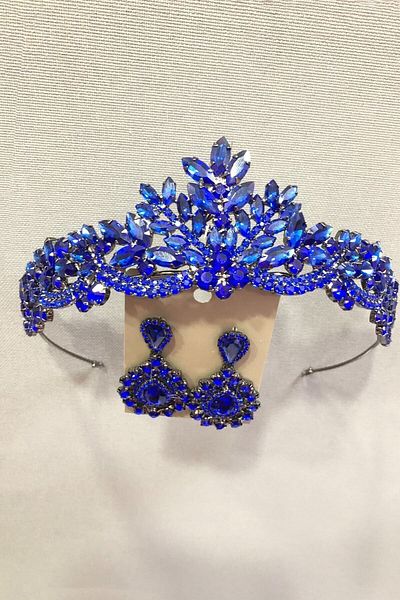 Hobigram Bridal Accessory Blue Crystal Stone Metal Case Henna, Bridal Tiara and Earring Set – Bridal Accessory
