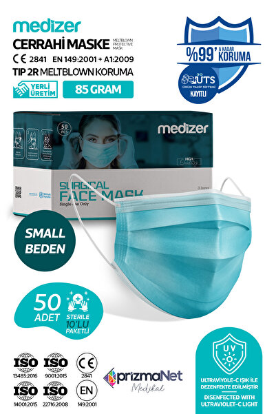 Medizer Meltblown Small Beden Yetişkin Mavi Cerrahi Maske 50 Adet - Telli