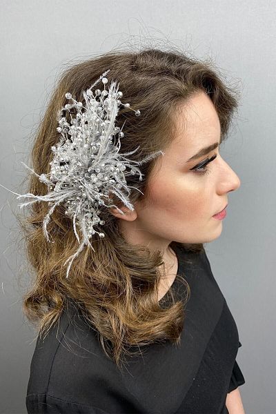 Hobigram Hair Accessory Gray Crystal Beaded and Feather Hair Clip – Other Hair Accessories, Stylish Design – Other
