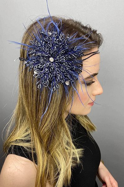 Hobigram Hair Accessory Navy Blue Enzey Feathered Beaded Bridal Hair and Turban Accessory – Other Hair Accessories
