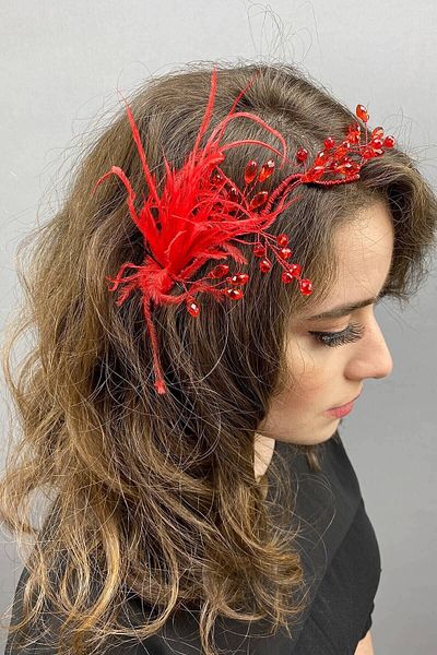 Hobigram Hair Accessory Ozly Red Feathered Crystal Bridal Hair and Turban Accessory – Other Hair Accessories –