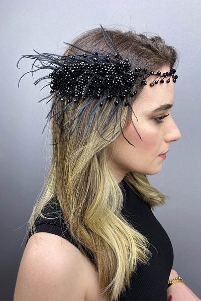 Hobigram Bridal Accessory Black Fliyz Feathered Crystal Bridal Hair and Turban Accessory – Bridal Accessory – Bridal