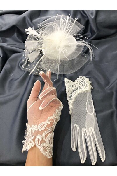 Hobigram Düğün Malzemesi Beyaz Dantelli Eldiven- Puantiyeli Vualet Nikah Şapk...