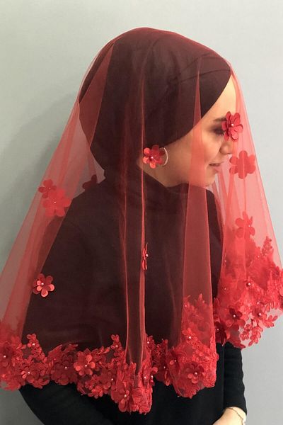 Hobigram Bridal Accessory Red Flower Embroidered Bridal Veil Henna Face Cover – Bridal Accessory, Stylish Design