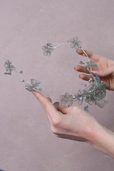 Hobigram Bridal Accessory Gray Mila Flower Branch Motif Bridal Henna Crown – Bridal Accessory, Stylish Design – Gelin a