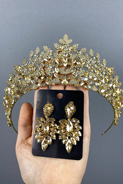 Hobigram Bridal Accessory Honey Color Bridal Henna Crown and Shuttle Stone Earring Set – Bridal Accessory, Stylish Design –