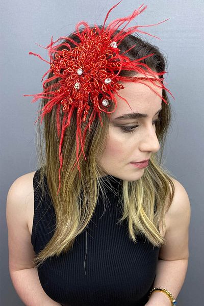 Hobigram Bridal Accessory Light Red Enzey Feathered Beaded Bridal Hair and Turban Accessory – Bridal Accessory –