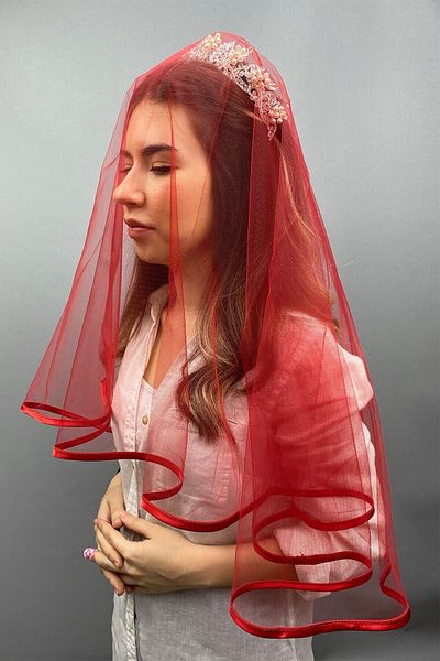 Hobigram Bridal Accessory Red Piping Bridal Veil Face Cover – Bridal Accessory, Stylish Design – Bridal Access